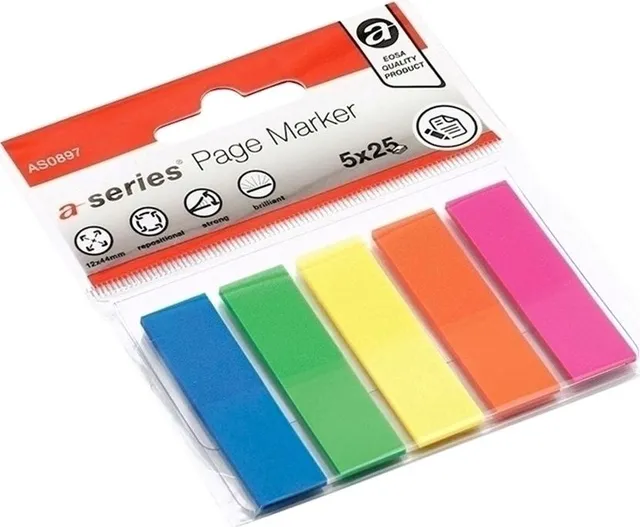 Index A-series, autoadeziv, plastic, 12 x 44 mm, 5 culori/set, 25 file/culoare