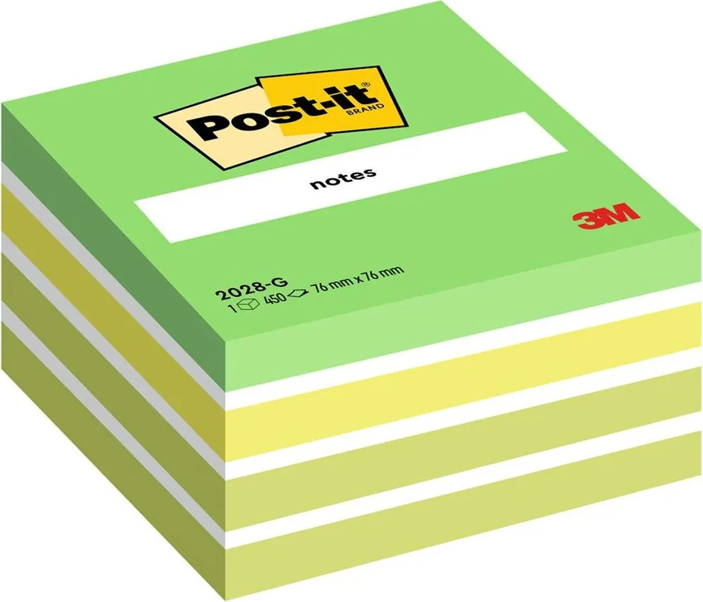 Cub notite adezive Post-it®, Aquarelle verde, 76 x 76 mm, 450 file/bucata, 100% PEFC