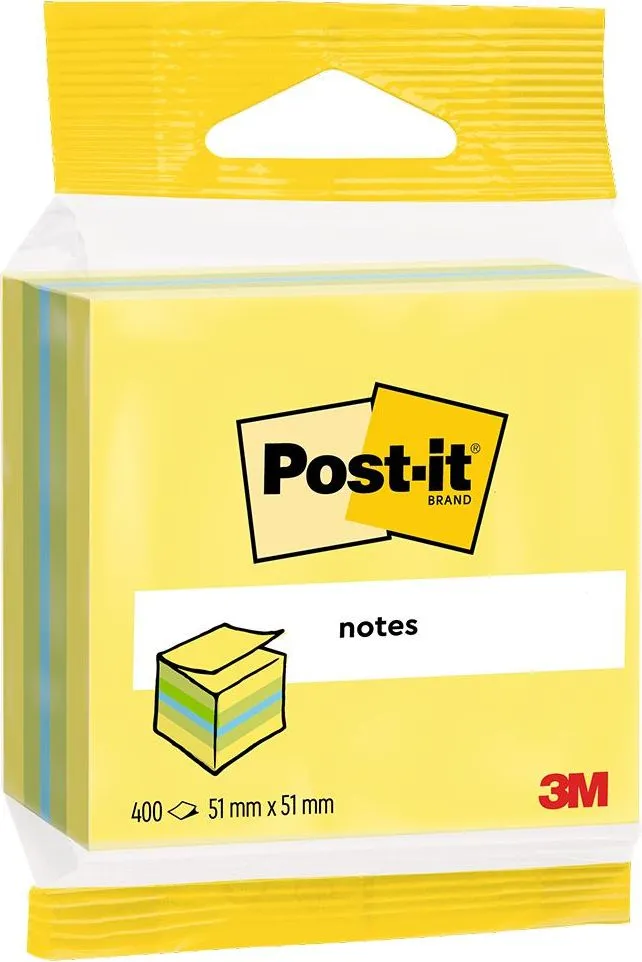 Minicub notite adezive, Post-it, galben/verde, 51 x 51 mm, 400 file, 100% PEFC
