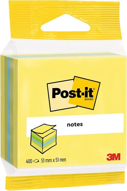Minicub notite adezive, Post-it, galben/verde, 51 x 51 mm, 400 file, 100% PEFC