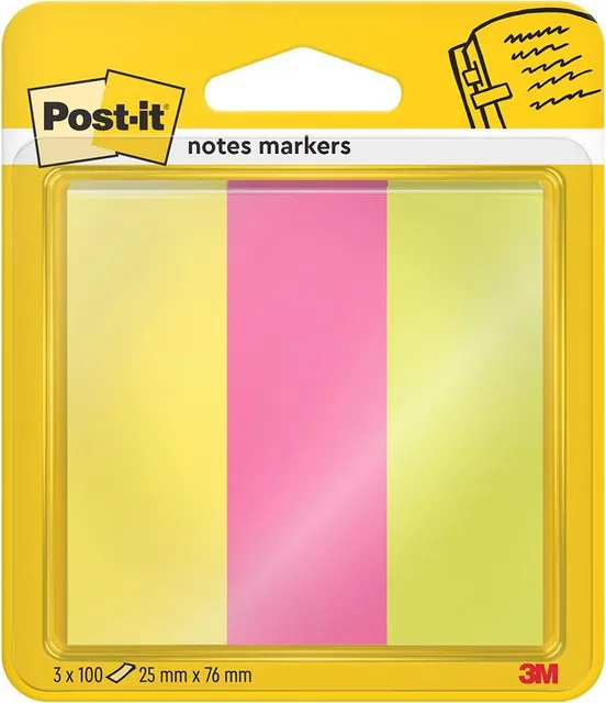 Marker pagina Post-it®, culori neon asortate, 25 mm x 76 mm, 100 file/ bucata, 3 bucati/ pachet, 100% PEFC