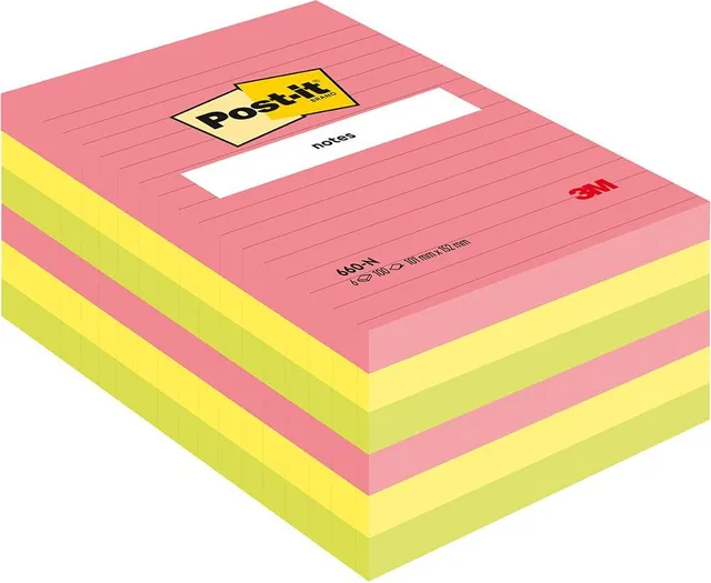 Notite adezive Post-it® 660N, Neon, liniate, 101 x 152 mm, 100 file/bucata, 100% PEFC
