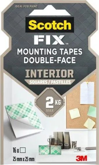 Benzi dublu adezive pretaiate montare interior Scotch-Fix™ 3M, albe, 25 x 25 mm, 16 bucati/pachet