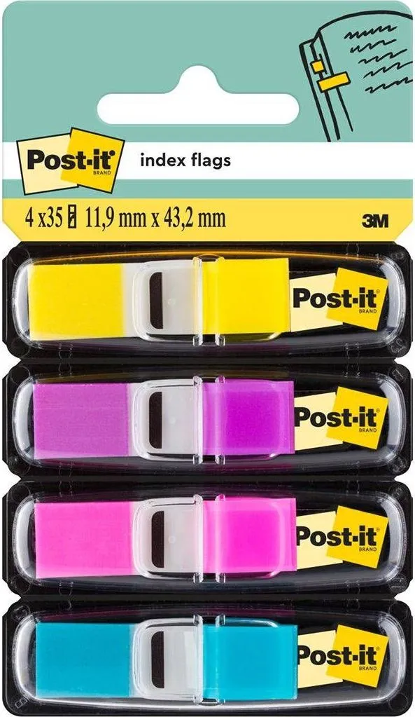 Index mini Post-it®, 11, 9 mm x 43, 2 mm, 4 culori asortate in dispenser, 24 file/culoare