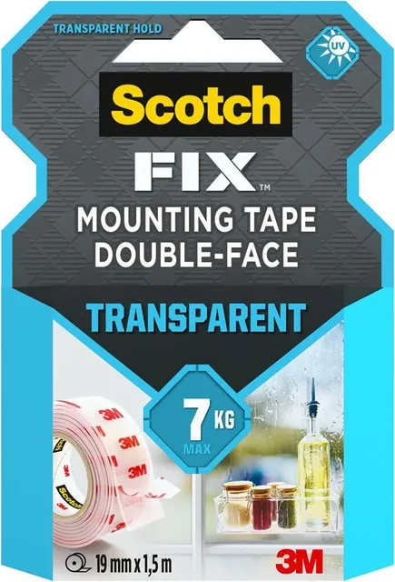 Banda dublu adeziva transparenta pentru montare Scotch-Fix™, 19 mm x 1.5 m, 1 rola/pachet