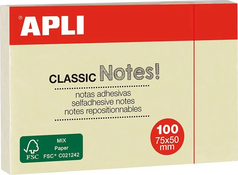 Notite adezive, Apli, 50 x 75 mm, galben, 100 file