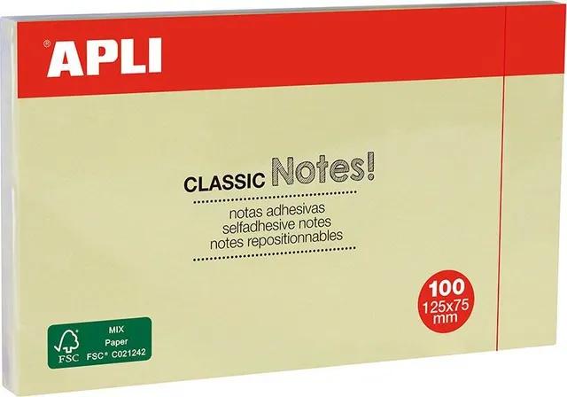 Notite adezive, Apli, 125 x 75 mm, galben, 100 file