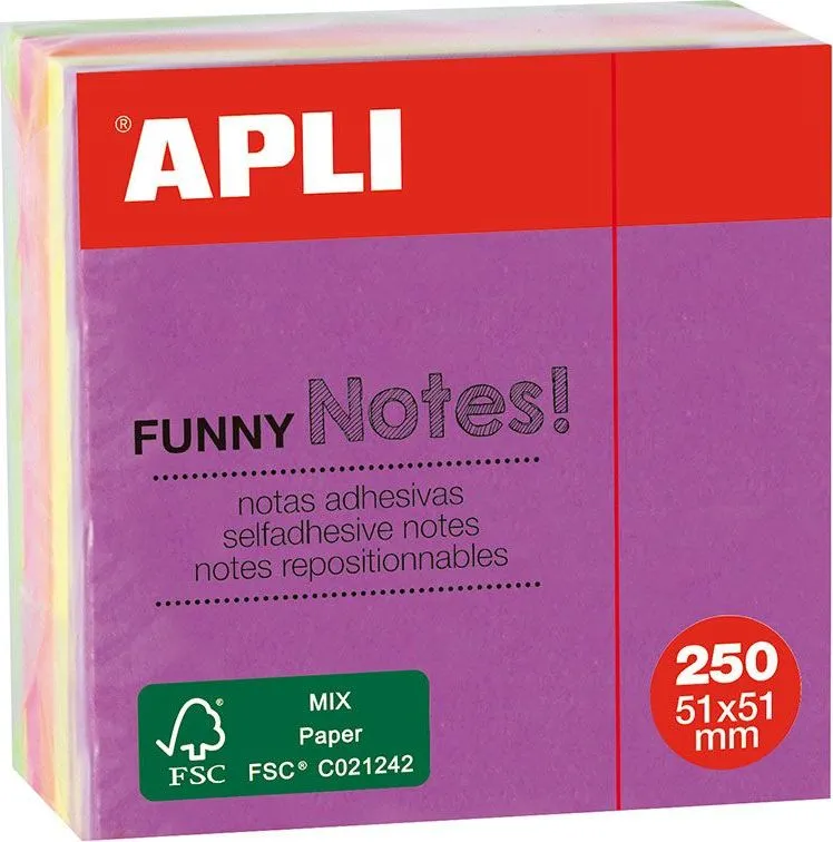 Cub notite adezive Apli, 51x51mm, 250 file, 5 culori neon