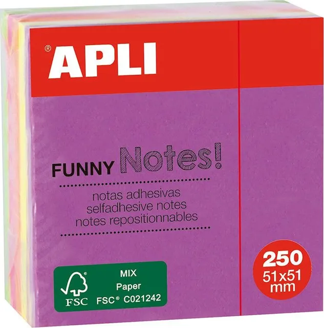 Cub notite adezive Apli, 51x51mm, 250 file, 5 culori neon