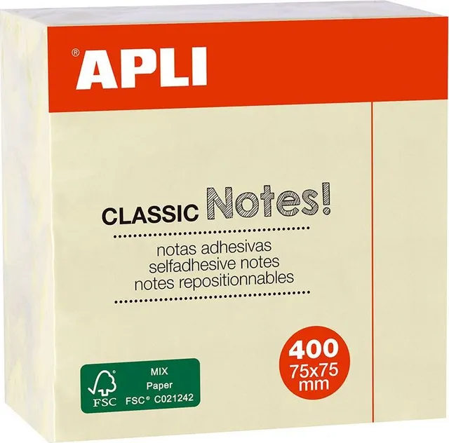 Cub notite adezive Apli 75 x 75 mm 400 file galben