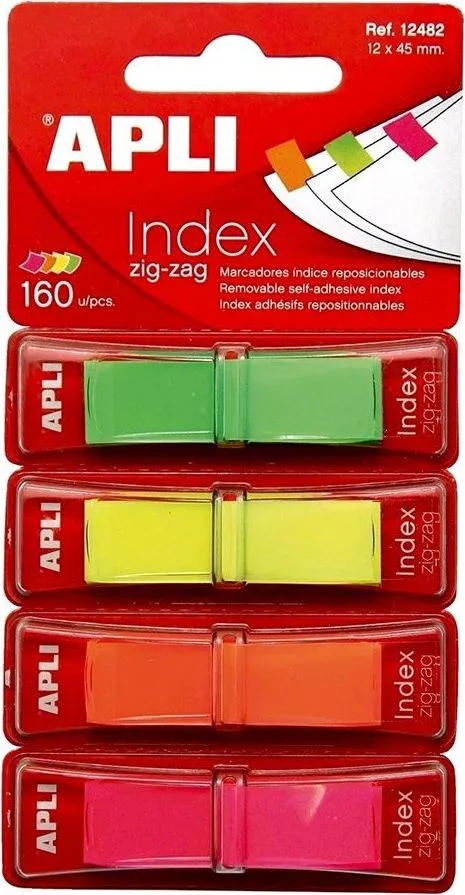 Index Apli, autoadeziv zig-zag, 12 x 45 mm, 4 culori mate (rosu, galben, verde, albastru) (AL012482buc)
