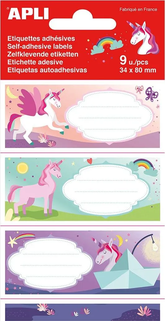 Etichete scolare Apli, 81x36 mm, 3 file, design unicorni