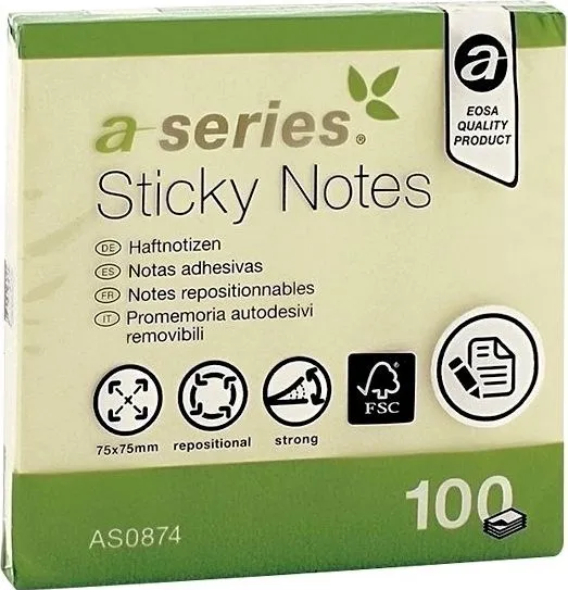 Notite adezive, A-Series, 75 x 75 mm, galben, 100 file