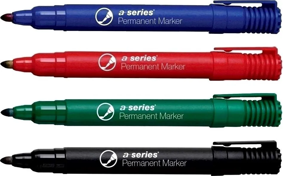 Marker permanent A-series, varf rotund 2 mm, 4 culori/set