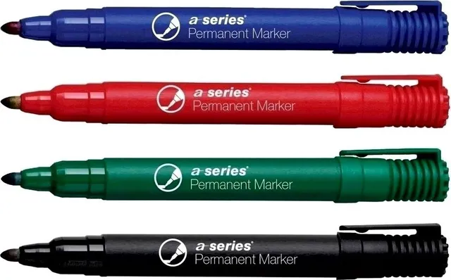 Marker permanent A-series, varf rotund 2 mm, 4 culori/set