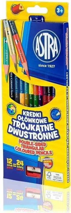 Creioane colorate Astra, triunghiulare, cu doua capete, 12 bucati, 24 culori, cu ascutitoare