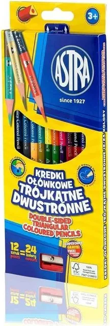 Creioane colorate Astra, triunghiulare, cu doua capete, 12 bucati, 24 culori, cu ascutitoare