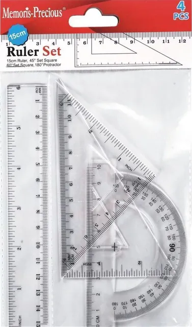 Set geometrie Memoris-Precious, rigla 15 cm, 2 echere, 1 raportor