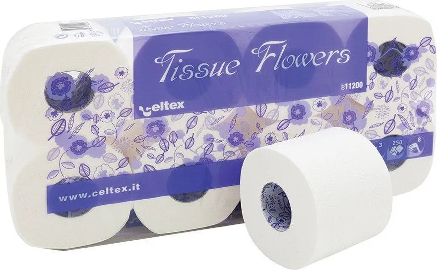 Hartie igienica mini, Celtex, Tissue Flowers, 3 straturi, alba, 8 role/set