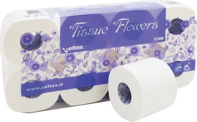 Hartie igienica mini, Celtex, Tissue Flowers, 3 straturi, alba, 8 role/set