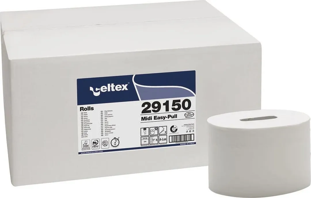 Hartie igienica midi Celtex Easy Pull, 2 straturi, 576 portii, 150 m, 12 role/set