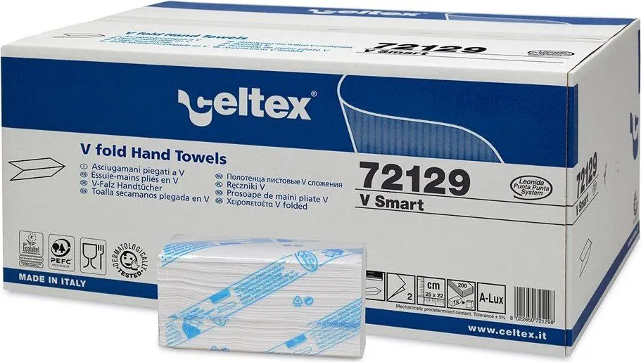 Rezerva prosoape pliate, Celtex, V Smart, 2 straturi, alb, 200 buc/pachet, 15 pachete/cutie