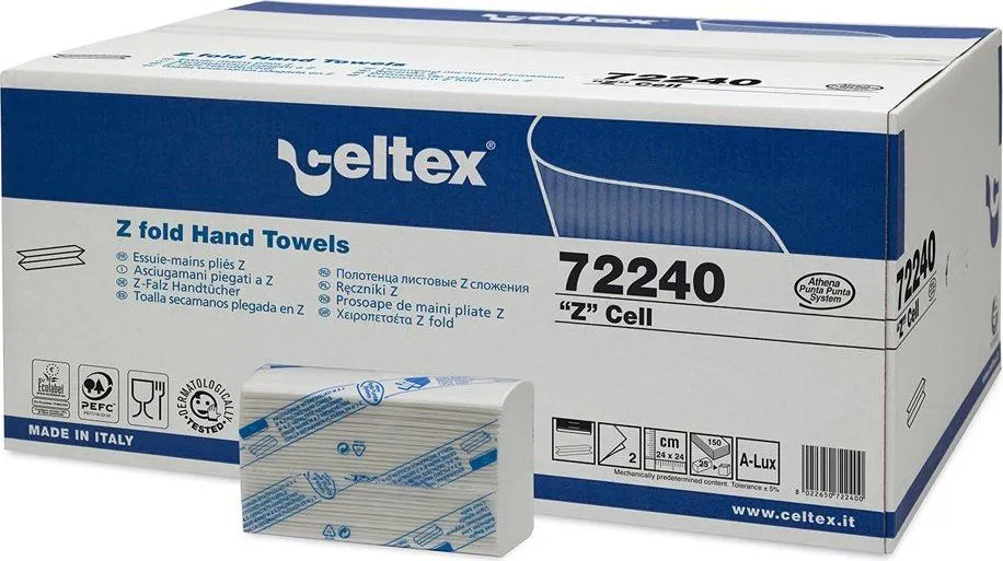 Rezerva prosoape pliate Z, Celtex, 72240, 2 straturi, alb, 150 buc/pachet, 25 pachete/cutie