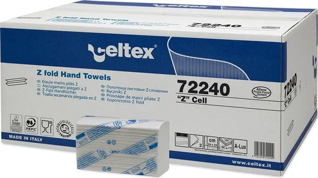 Rezerva prosoape pliate Z, Celtex, 72240, 2 straturi, alb, 150 buc/pachet, 25 pachete/cutie