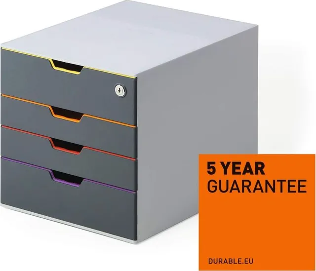 Organizator 4 sertare Durable Varicolor cu sistem inchidere, gri/multicolor