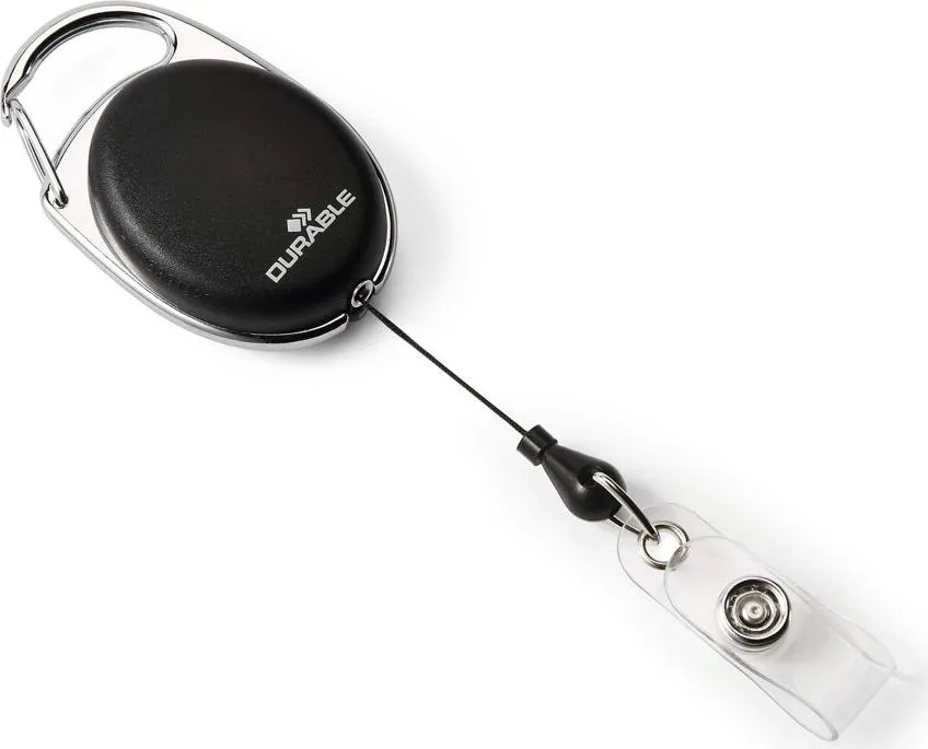 Snur retractabil Durable, pentru ecuson, 80 cm, forma ovala, sistem de prindere la curea, negru, bucata