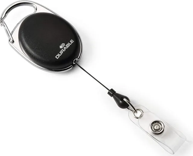 Snur retractabil Durable, pentru ecuson, 80 cm, forma ovala, sistem de prindere la curea, negru, bucata