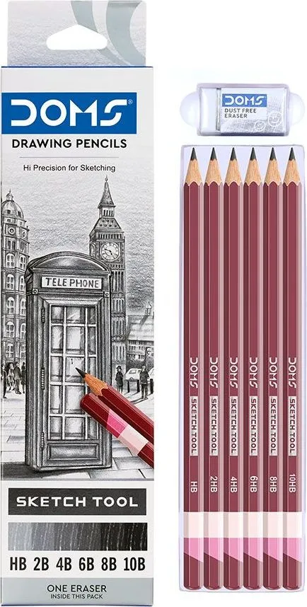 Set 6 creioane grafit pentru desen DOMS, HB, 2B, 4B, 6B, 8B, 10B, cu radiera