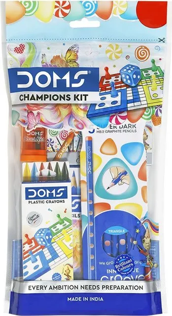 Set papetarie DOMS Champion Kit, 5 creioane neon, creioane colorate 12 culori, creioane cerate 12 culori