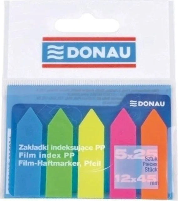 Index autoadeziv din plastic, Donau, dimensiuni 42 x 12 mm, 5 culori x 25 file/culoare