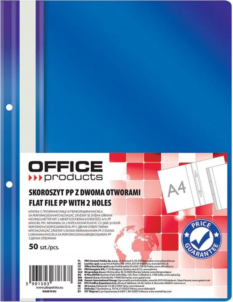 Dosar cu sina si 2 perforatii Office Products, A4, plastic, 50 bucati/set, bleumarin