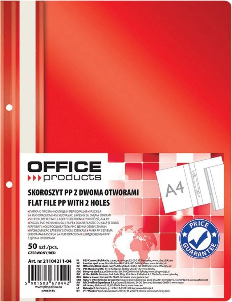 Dosar cu sina si 2 perforatii Office Products, A4, plastic, 50 bucati/set, rosu