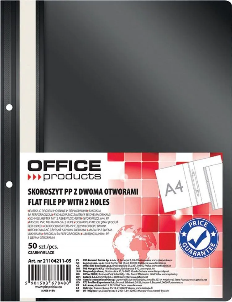 Dosar cu sina si 2 perforatii Office Products, A4, plastic, 50 bucati/set, negru