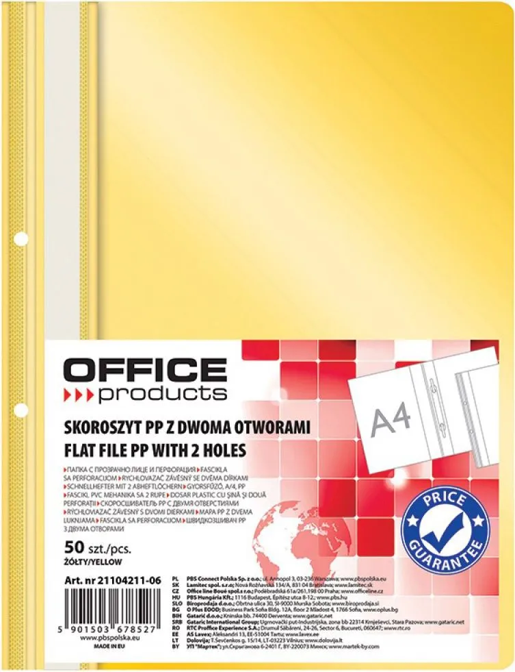 Dosar cu sina si 2 perforatii Office Products, A4, plastic, galben, 50 bucati/set
