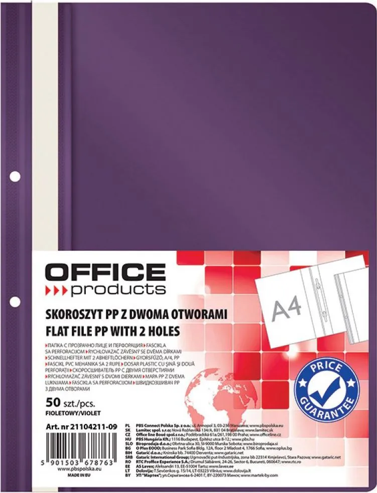 Dosar cu sina si 2 perforatii Office Products, A4, plastic, lila, 50 bucati/set