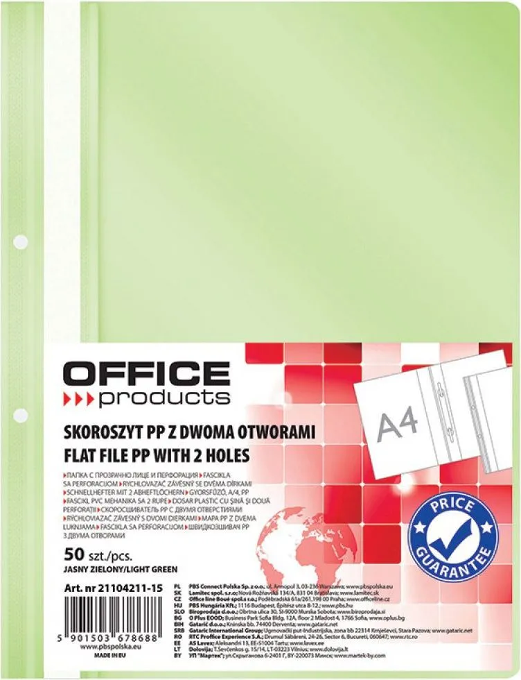Dosar cu sina si 2 perforatii Office Products, A4, plastic, vernil, 50 bucati/set