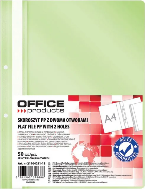 Dosar cu sina si 2 perforatii Office Products, A4, plastic, vernil, 50 bucati/set