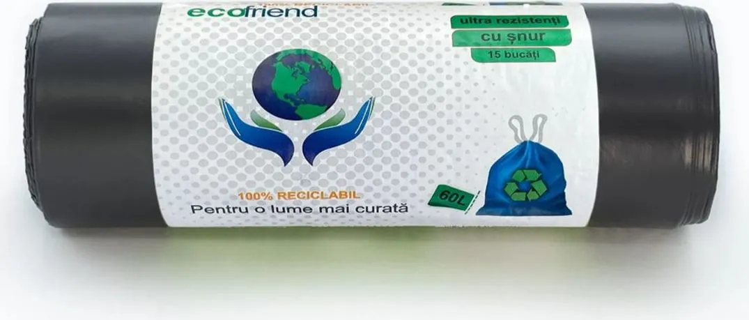 Saci menaj cu snur Ecofriend, negru, 60 litri, 15 bucati/rola