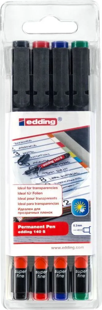 Marker permanent edding 140 S, set 4 bucati, corp din plastic, varf rotund, 0.3 mm