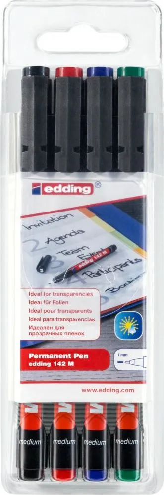 Marker permanent edding 142 M, set 4 bucati, corp plastic, varf rotund, 1 mm