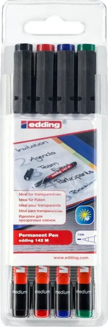 Marker permanent edding 142 M, set 4 bucati, corp plastic, varf rotund, 1 mm