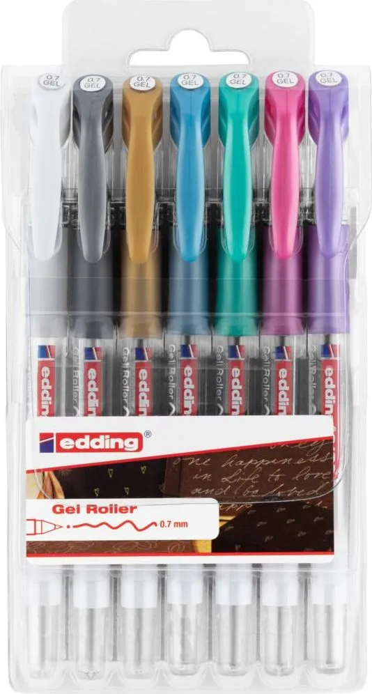 Roller gel edding 2185, varf 0.7 mm, set 7 culori, alb, auriu, argintiu, albastru metalic, verde metalic
