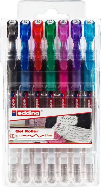 Roller gel edding 2185, corp din plastic, varf 0.7 mm, set 7 culori: negru, rosu, albastru, verde, violet, roz