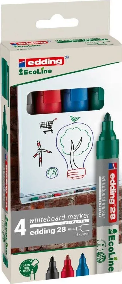 Marker pentru tabla Edding 28, ecologic, varf rotund, 1.5-3 mm, 4 culori/set (negru, rosu, albastru, verde)