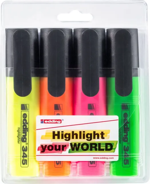 Textmarker Edding 345, varf 2-5 mm, 4 culori/set ( galben, roz, albastru, verde)