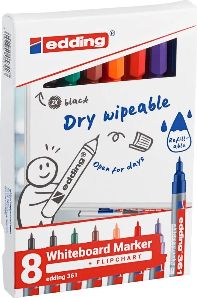 Marker pentru tabla edding 361, varf rotund, 1 mm, set 8 culori asortate: 2x negru, 1x rosu, 1x albastru